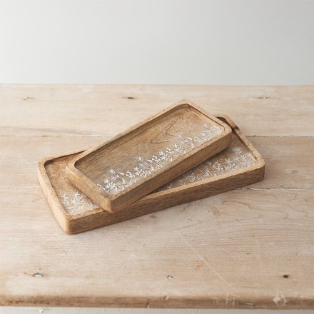 Set of 2 Floral Etched Wooden Trays