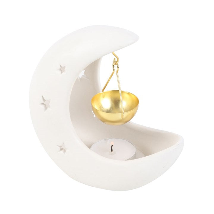 White Crescent Moon Hanging Oil Burner With Gold Dish