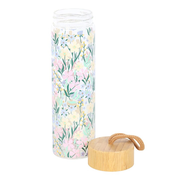 Ditsy Floral Print Glass Water Bottle with Bamboo Lid