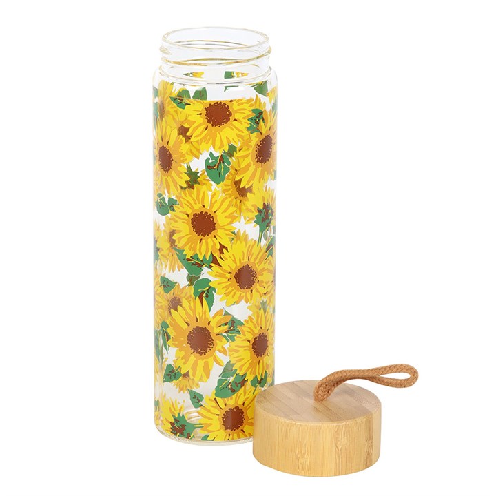 Sunflower Print Glass Water Bottle with Bamboo Lid