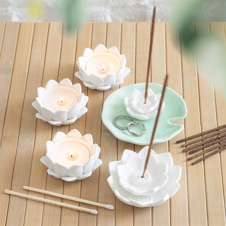 Set Of Three White Lotus Flower Tealight Holders