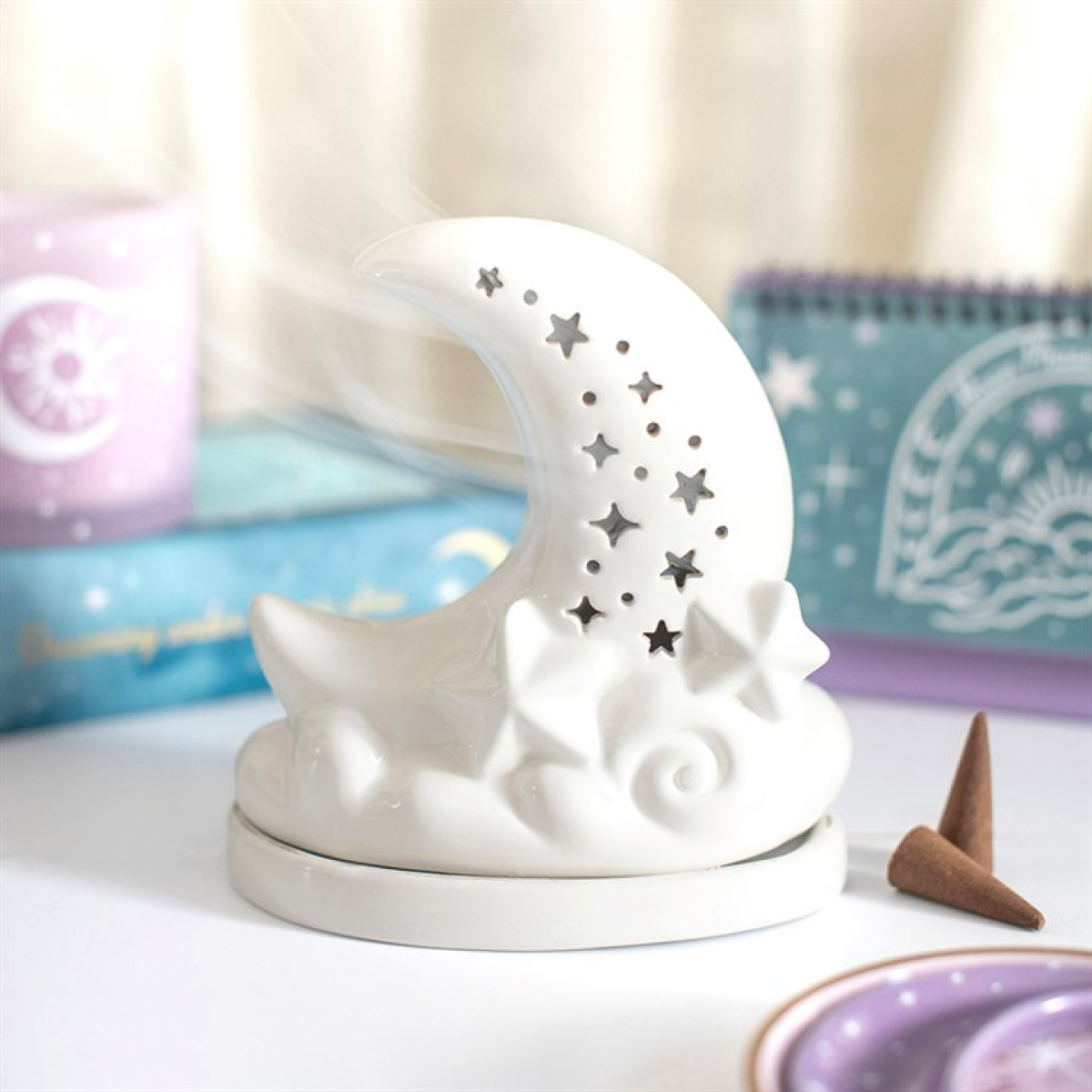 White Pastel Skies Moon Incense Cone Holder