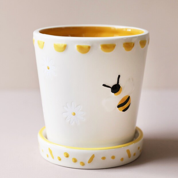 Yellow Bee Ceramic Planter with Tray - Penny Rose Home and Gifts