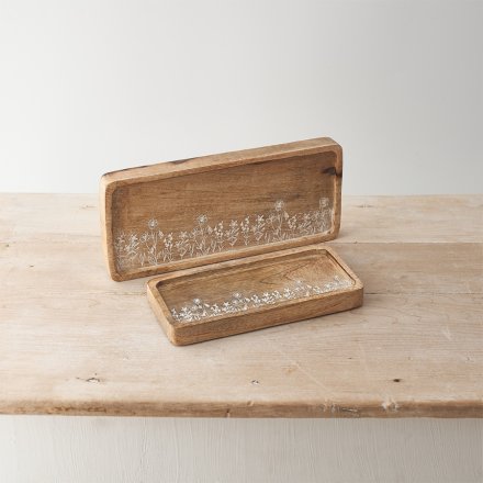 Set of 2 Floral Etched Wooden Trays