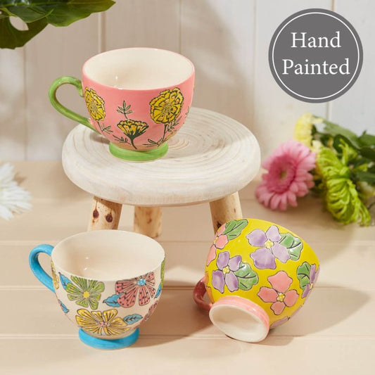 Set of 3 Bright Retro Floral Stoneware Mugs