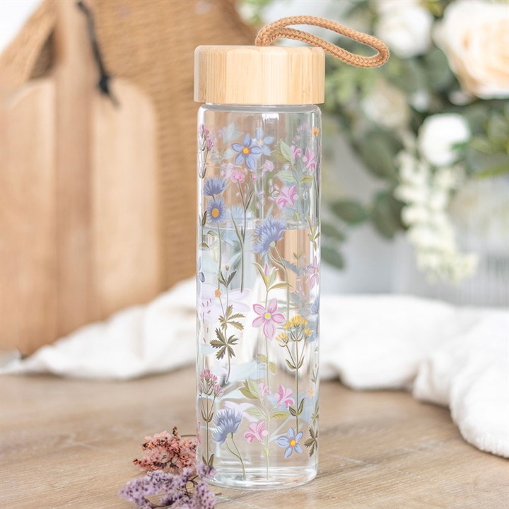 Blooming Lovely Floral Print Glass Water Bottle with Bamboo Lid 