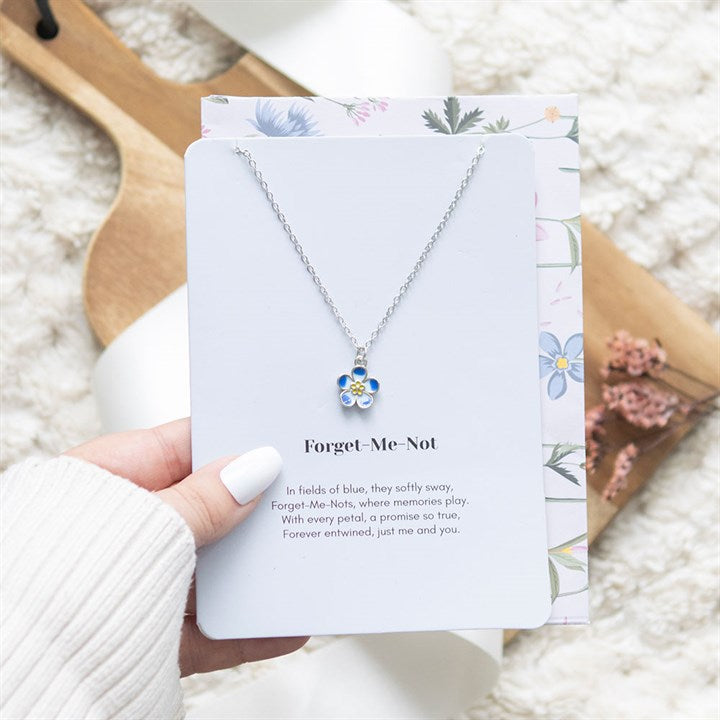 Forget-me-not Flower Enamel Necklace on Greeting Card 