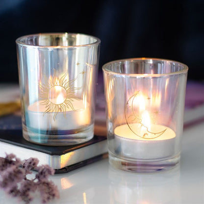 Set of 2 Iridescent Sun and Moon Glass Votive Candle Holders