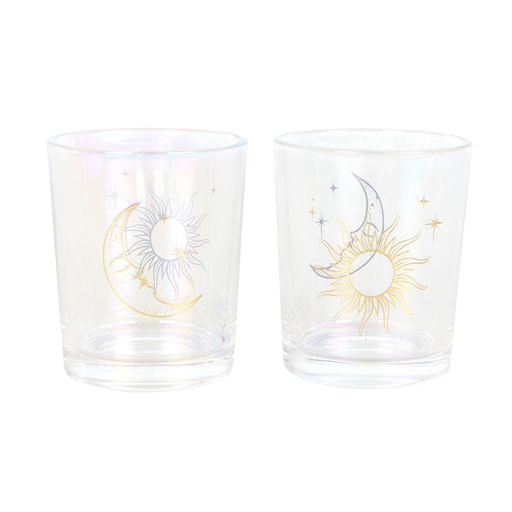 Set of 2 Iridescent Sun and Moon Glass Votive Candle Holders