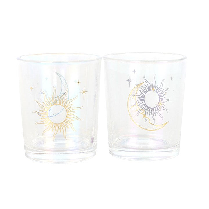 Set of 2 Iridescent Sun and Moon Glass Votive Candle Holders