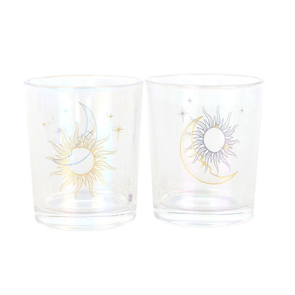 Set of 2 Iridescent Sun and Moon Glass Votive Candle Holders