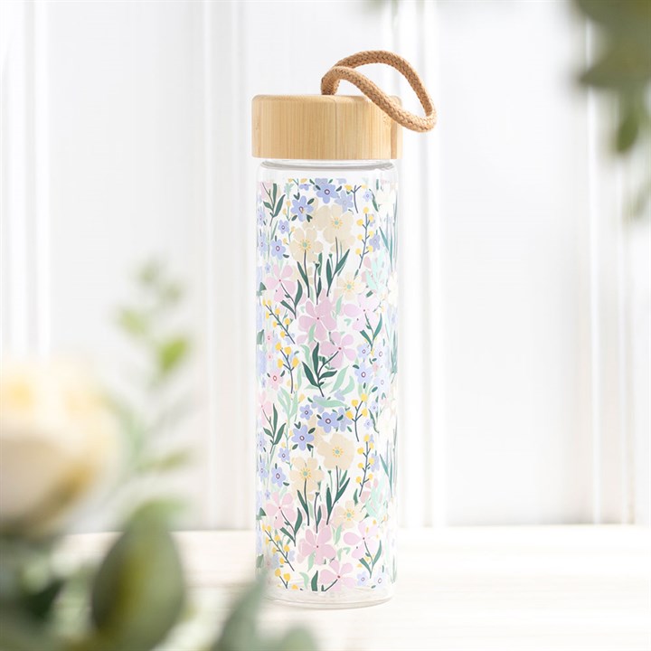 Ditsy Floral Print Glass Water Bottle with Bamboo Lid (12/24)