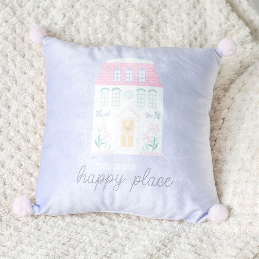 This Is Our Happy Place Square Polyester Cushion with Pom Poms (12/24)