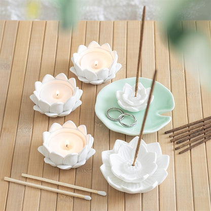 Set Of Three White Lotus Flower Tealight Holders