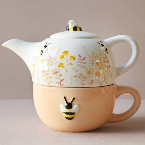 Dusky Pink Floral Bee Teapot and Mug Set - Penny Rose Home and Gifts