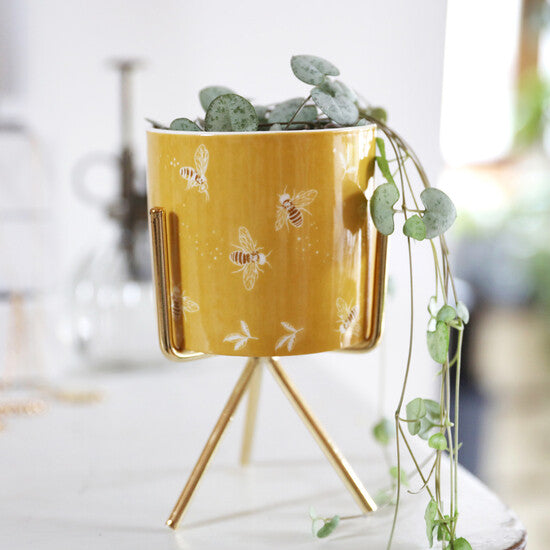 Yellow Bee Planter with Gold Stand - Penny Rose Home and Gifts
