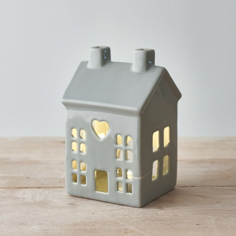 Dainty Grey House Tea Light Holder with LED candle - Penny Rose Home and Gifts