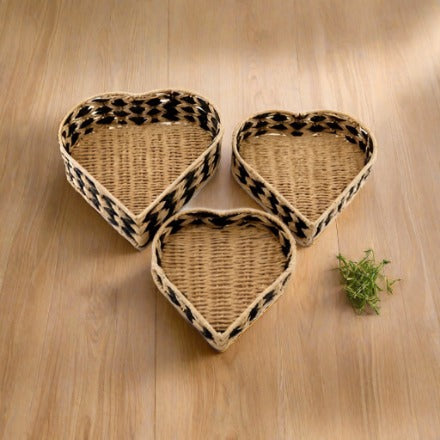 Set of 3 Natural & Black Heart Trays - Penny Rose Home and Gifts
