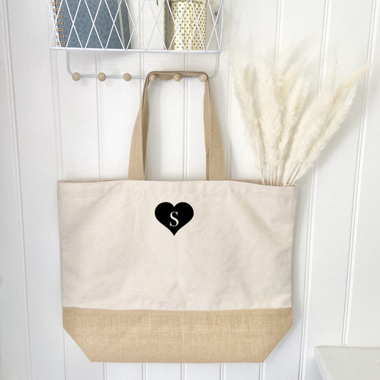 Personalised XL Organic Heart Initial Jute Tote Bag - Penny Rose Home and Gifts