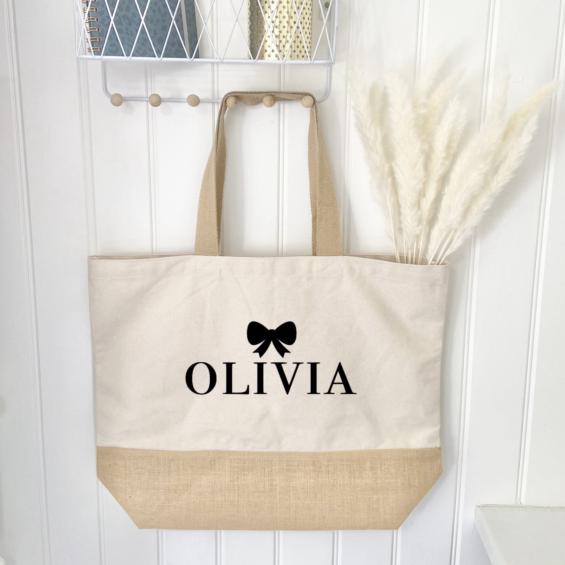 Personalised XL Organic Bow Jute Tote Bag - Penny Rose Home and Gifts