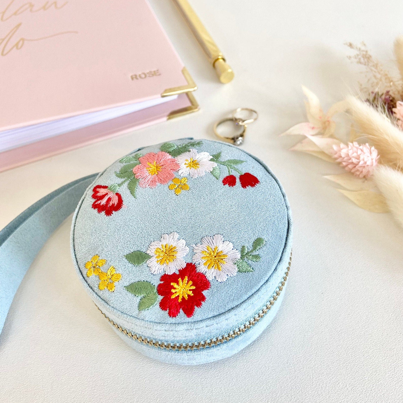 Personalised Embroidered Floral Round Jewellery Box - Penny Rose Home and Gifts