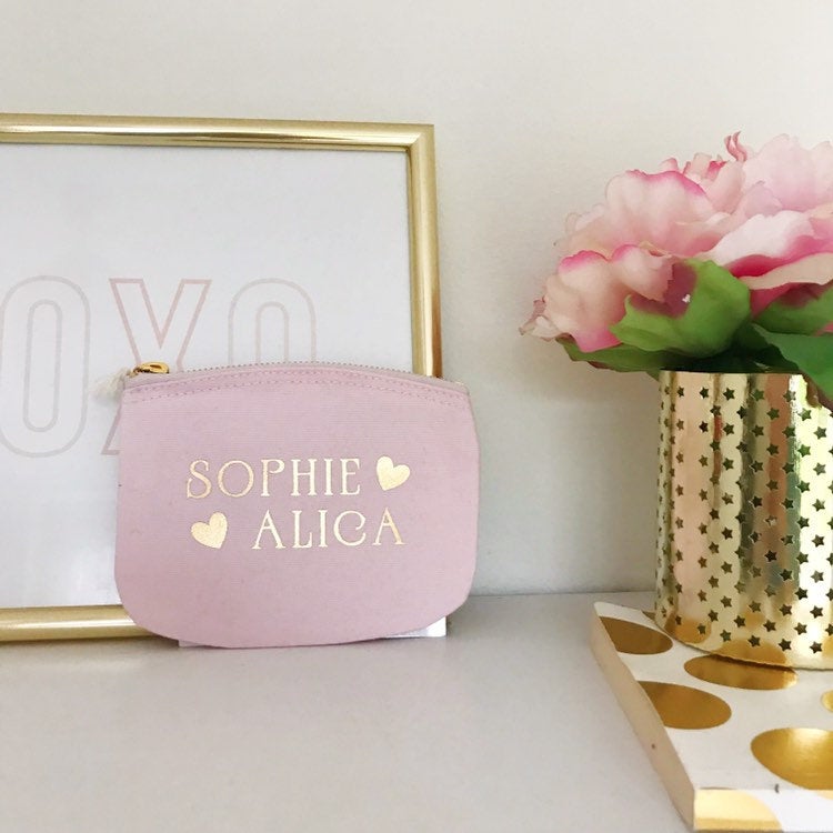 Personalised Pink & Gold Heart Coin Purse Botanical Print - Penny Rose Home and Gifts