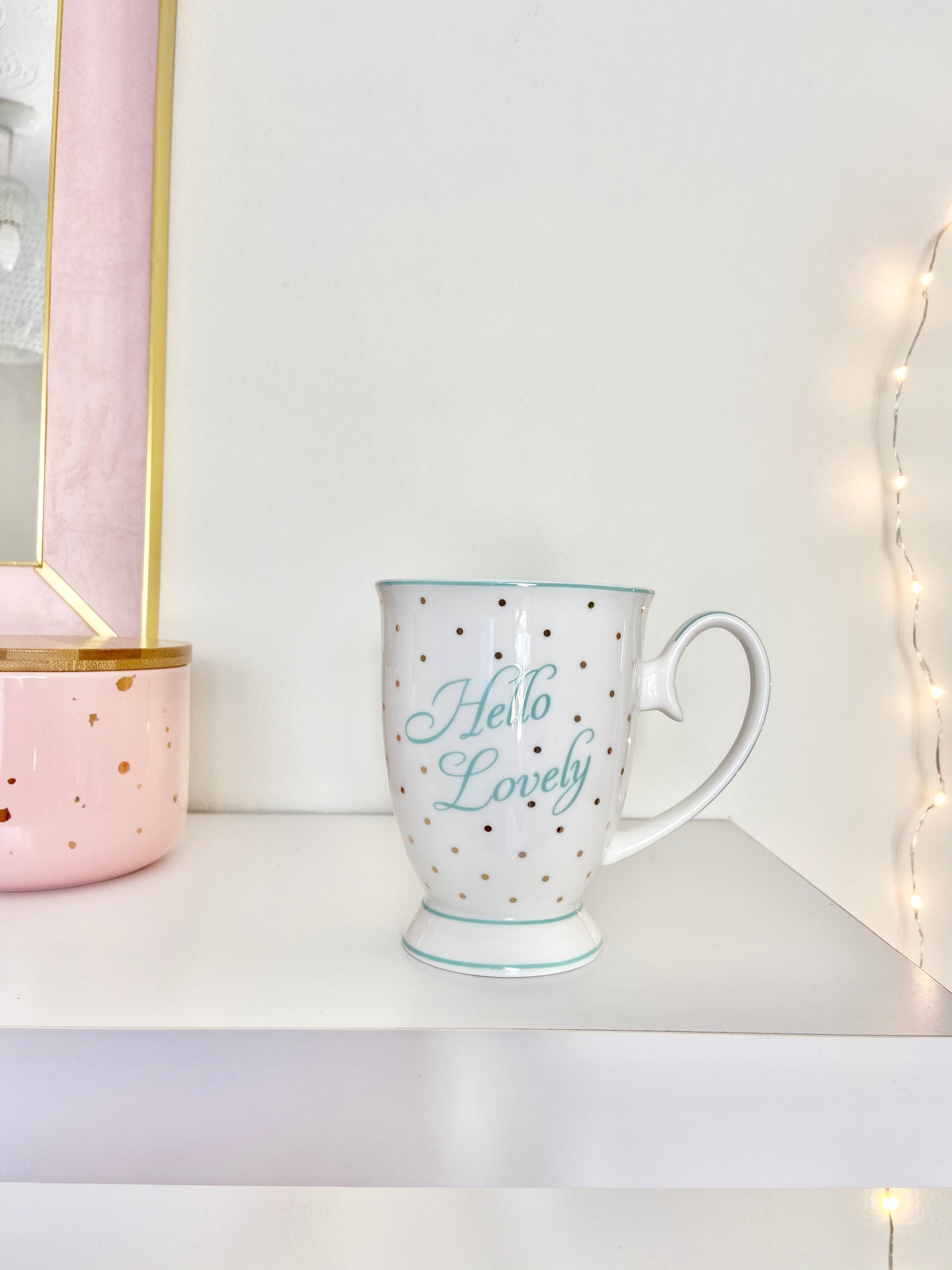 Bombay Duck Hello Lovely Gold & Mint Polkadot Mug - Penny Rose Home and Gifts